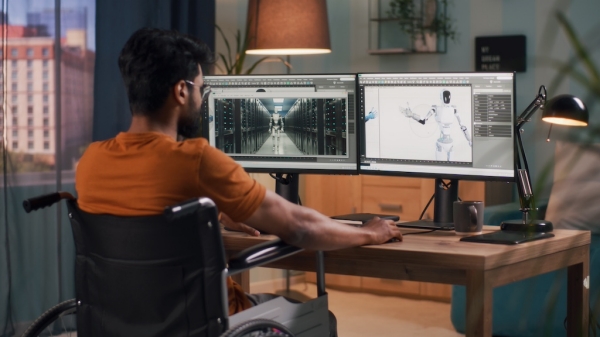 Photo of an animator seated in wheelchair wearing an orange t-shirt and glasses, looks at two computer screens in mid-project.